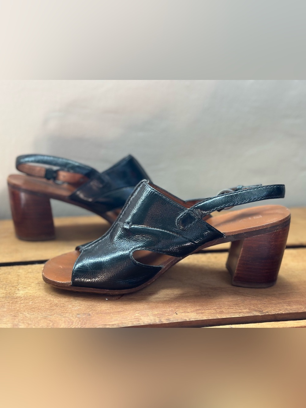 Anthropologie Biviel Black Leather Slingback Block Heel
